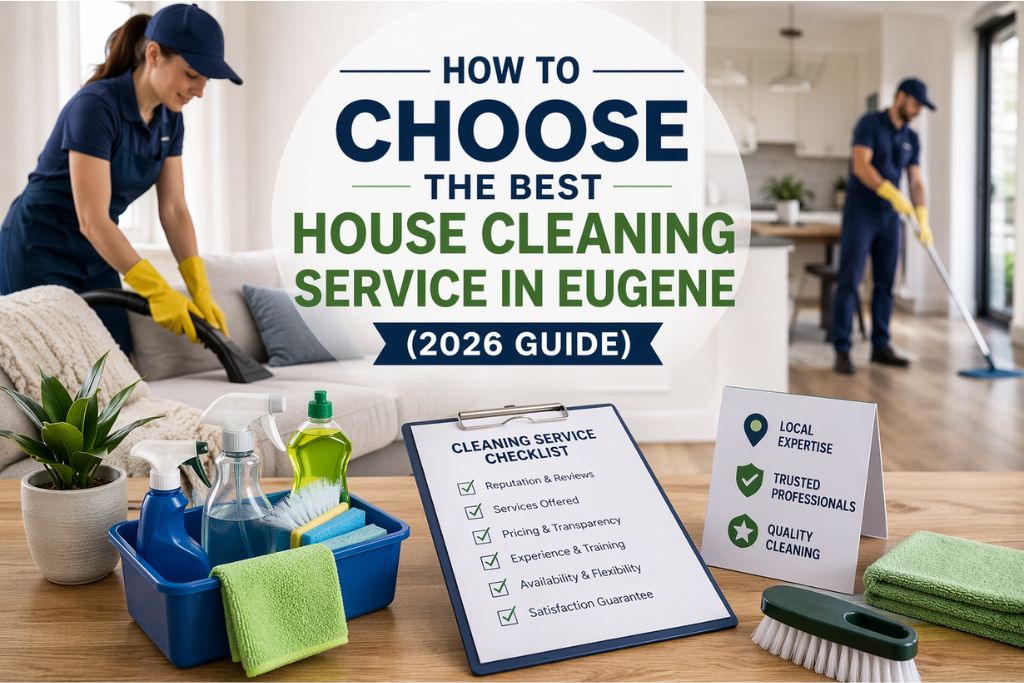 professional house cleaning service team cleaning modern home kitchen in eugene