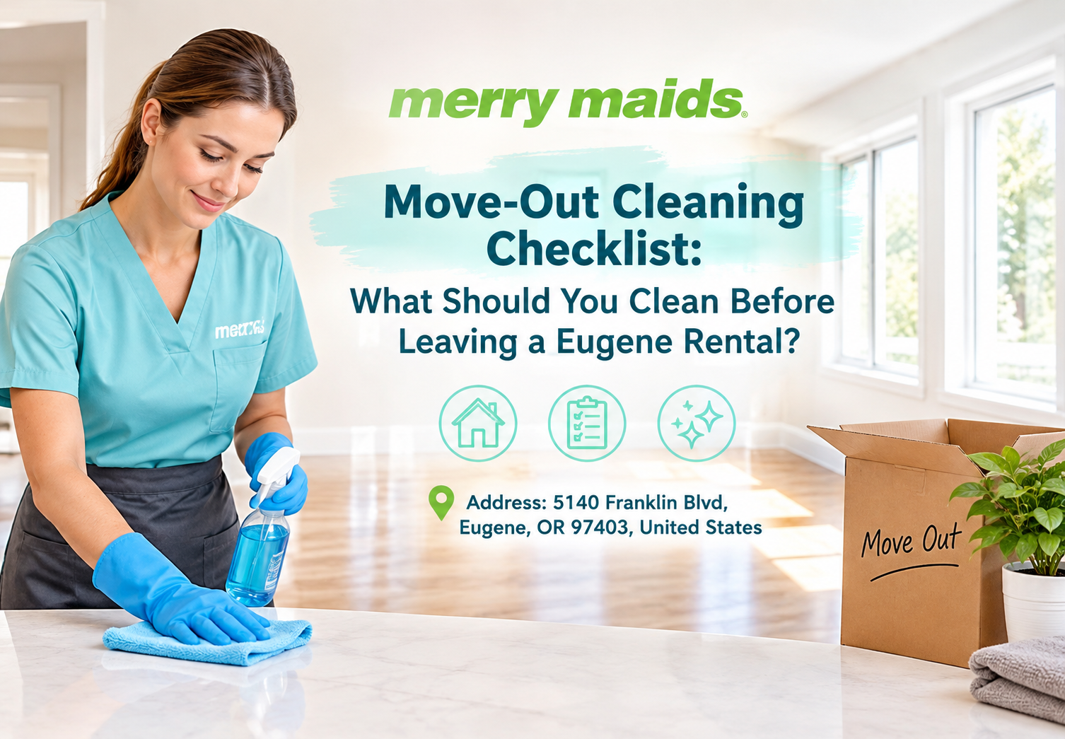 Move-out cleaning checklist for a Eugene rental home covering kitchen, bathrooms, floors, closets, walls, doors, and windows.
